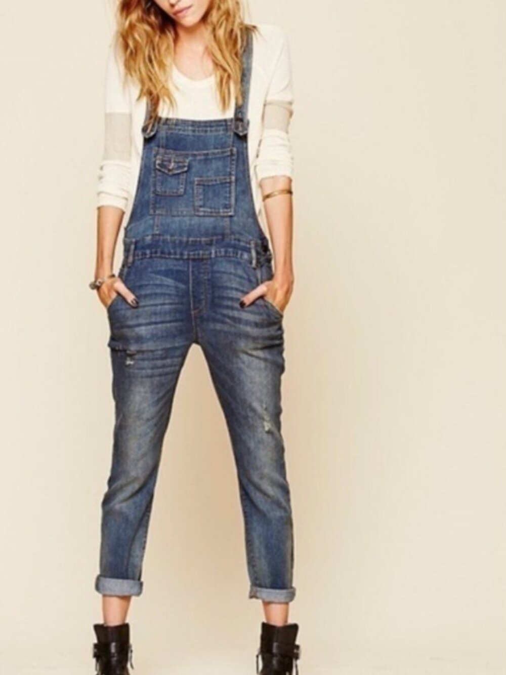 FREE PEOPLE Milo Women's Distressed Denim Bib Overalls Size 27